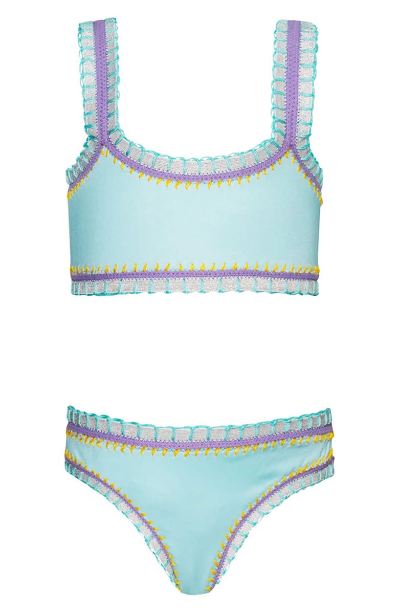 PQ SWIM Kids' Sporty Rainbow Embroidered Two-Piece Swimsuit, Main, color, Light Blue
