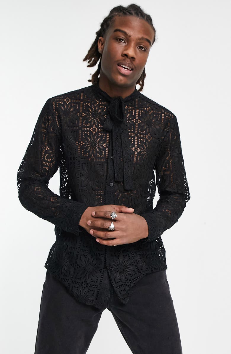 ASOS DESIGN Tie Neck Lace Button-Up Shirt, Main, color,