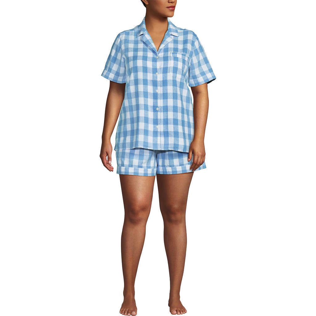 Lands' End Women Linen 2 Piece Pajama Set In Dusk Blue Gingham