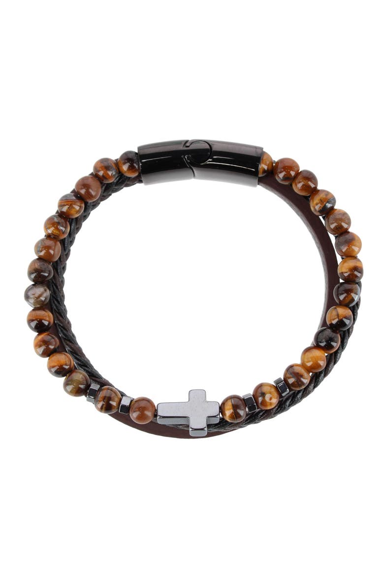 The Sovereign Cross Tri-Stranded Leather Bracelet, Alternate, color, Brown