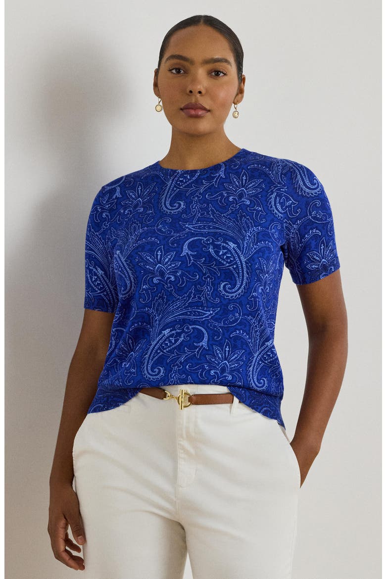 Paisley Cotton Blend Short Sleeve Sweater, Alternate, color, BLUE MULTI