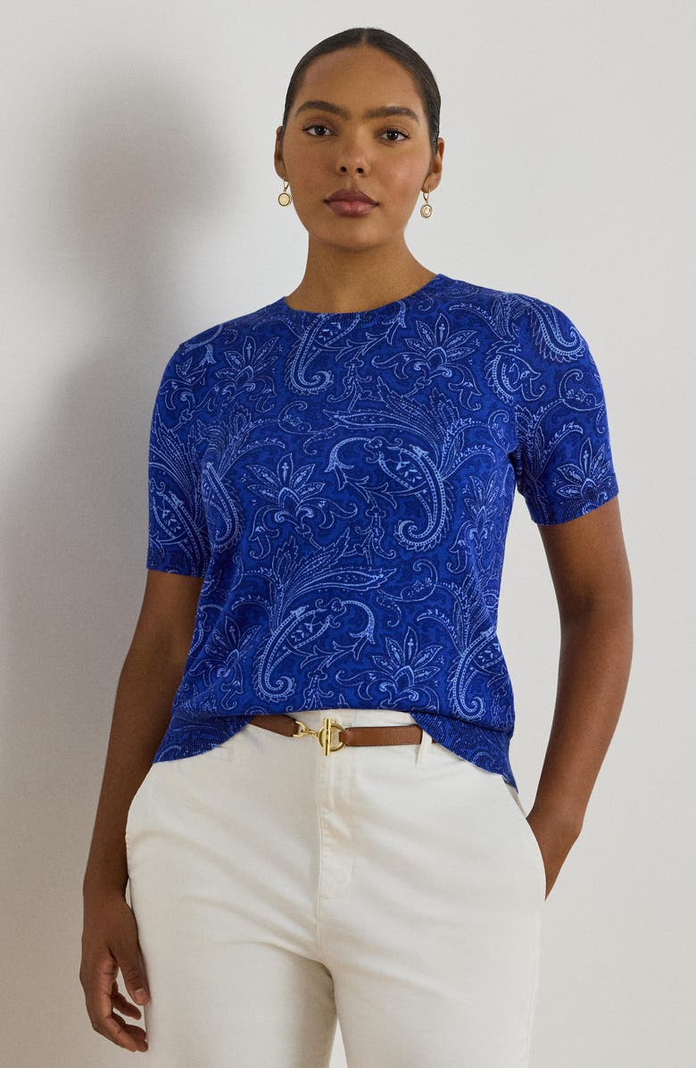 Lauren Ralph Lauren Paisley Cotton Blend Short Sleeve Sweater, Alternate, color, Blue Multi