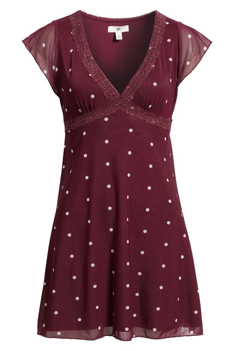 Lace Trim Flutter Sleeve Minidress, Alternate, color, BURGUNDY- IVORY EDEN DOT