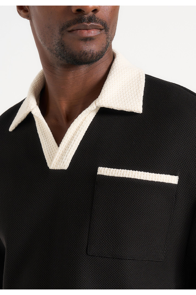 Brice Boxy Crochet Detail Polo Shirt, Alternate, color, Black