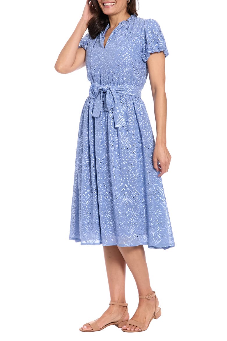 Eyelet Tie Waist Midi Dress, Alternate, color, BLUE