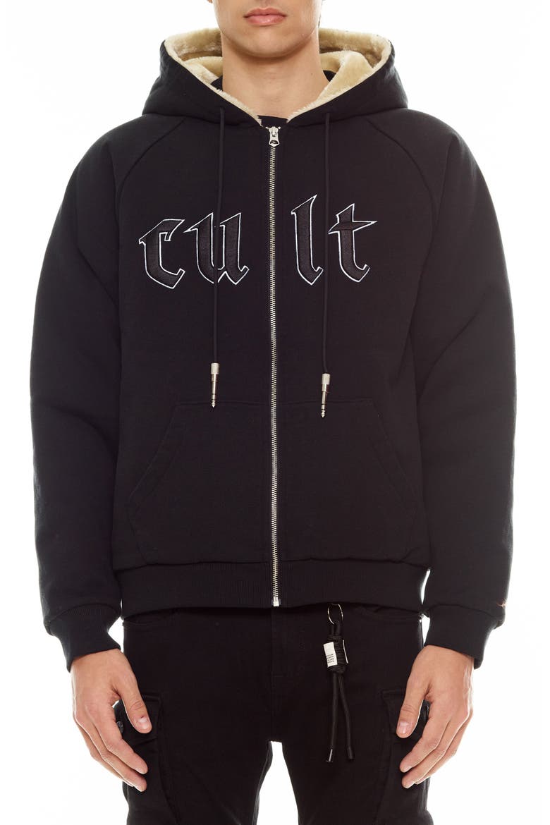 Embroidered Cotton Graphic Zip-Up Hoodie, Main, color, BLACK