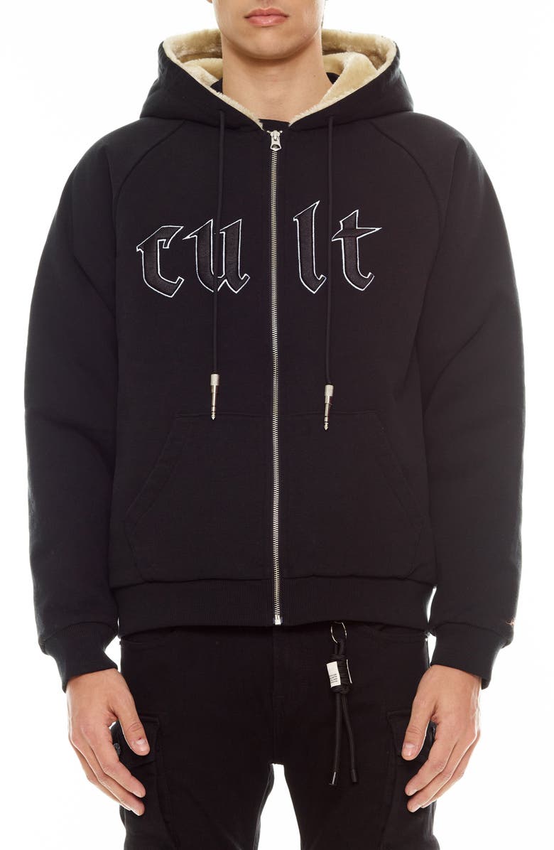 Cult of Individuality Embroidered Cotton Graphic Zip-Up Hoodie, Main, color, Black
