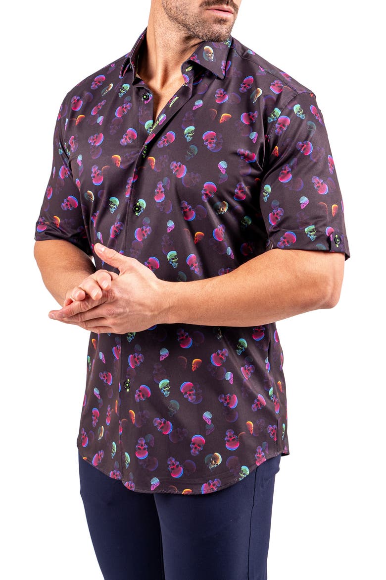 Galileo Resistance0347 Black Skull Print Short Sleeve Cotton Button-Up Shirt, Alternate, color, BLACK