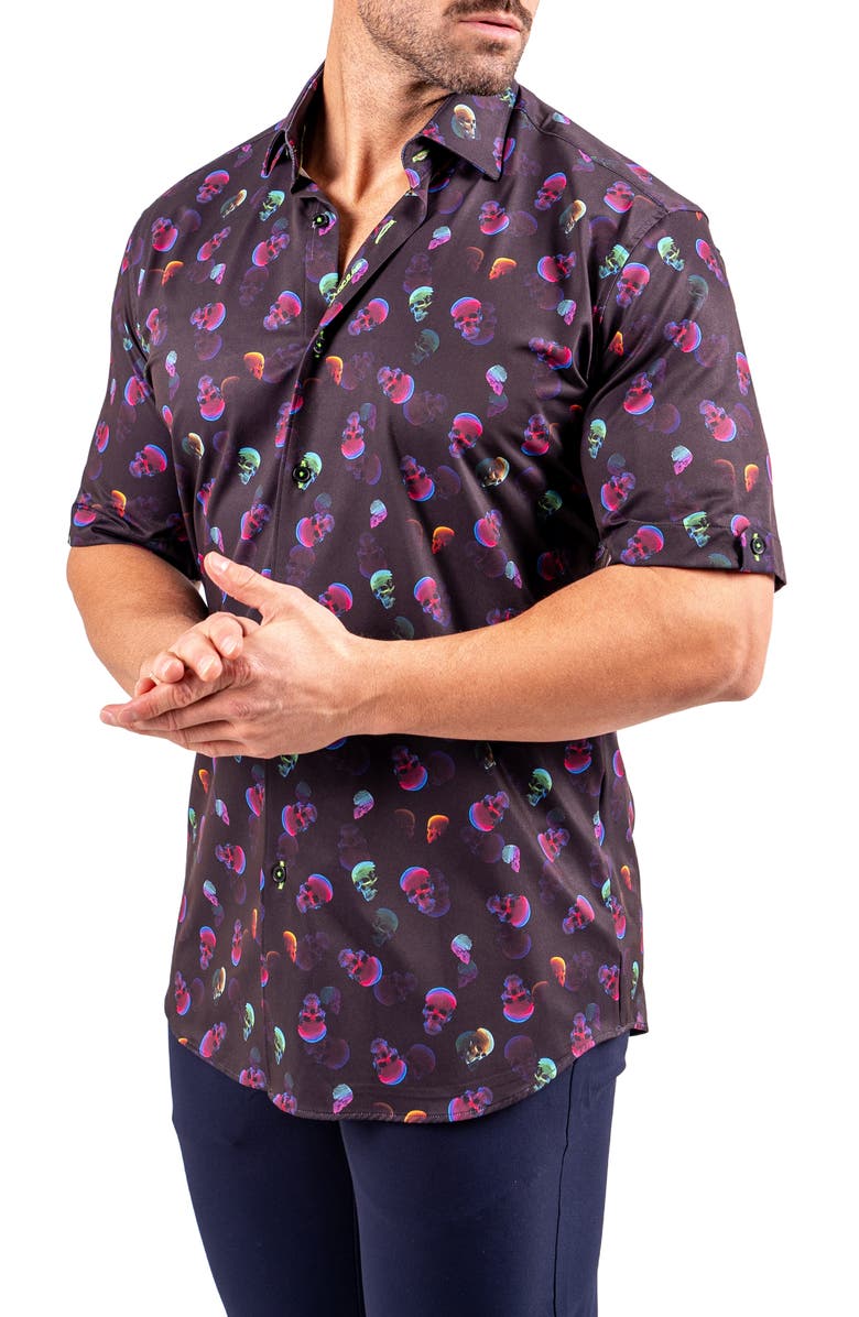 Maceoo Galileo Resistance0347 Black Skull Print Short Sleeve Cotton Button-Up Shirt, Alternate, color, Black