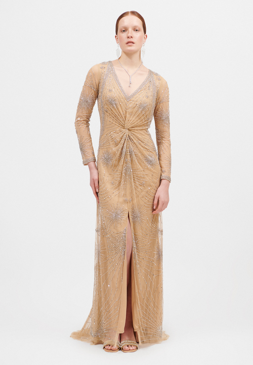 Beauut Embellished Sequin Beaded Maxi Dress With V-neck In Brown