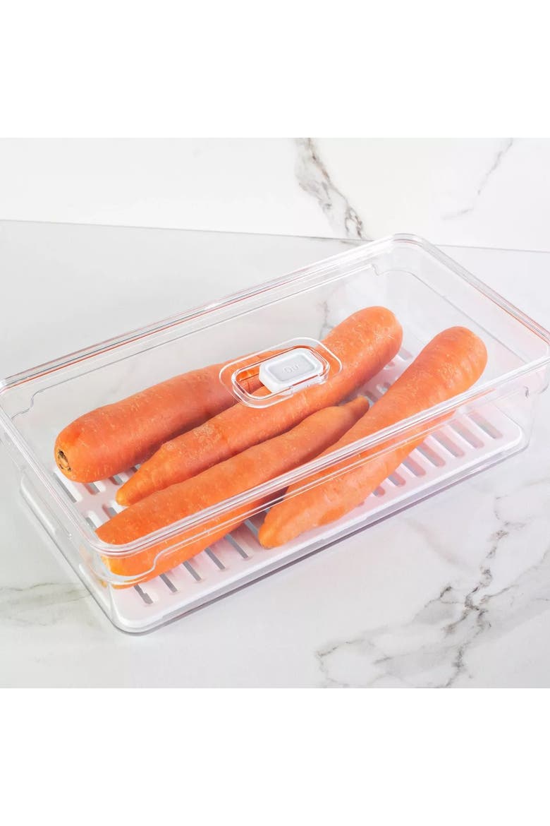 Clear Stackable Fridge Organizer Bin with Drain Tray and Vented Lid, 11.8 Inch Depth, Main, color, Clear with White Drainer