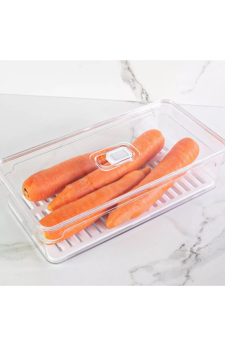 OU Clear Stackable Fridge Organizer Bin with Drain Tray and Vented Lid, 11.8 Inch Depth, Main, color,