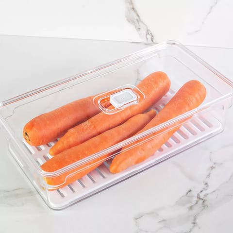 Clear Stackable Fridge Organizer Bin with Drain Tray and Vented Lid, 11.8 Inch Depth