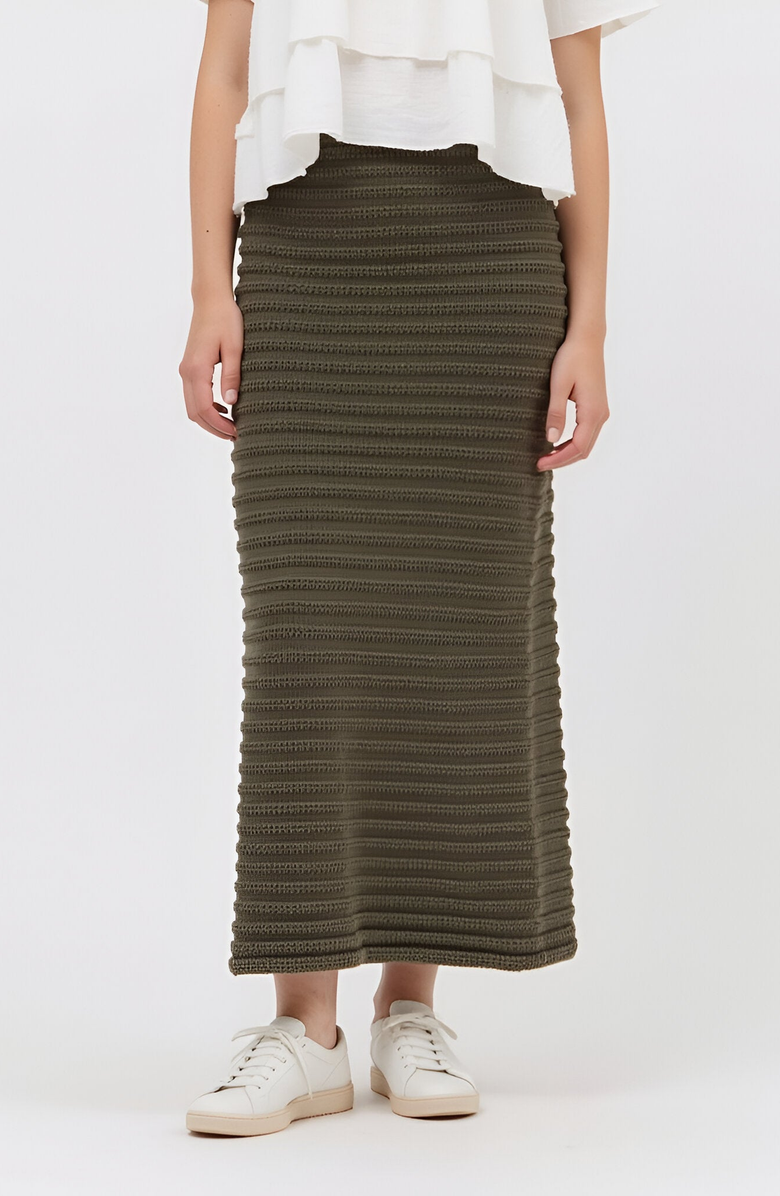 Modenaire Textured Knit Midi Skirt with Ribbed Stripe Pattern and Back Slit, Main, color, 