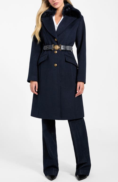 Guess New Patrice Belted Coat With Removable Faux Fur Collar In Blue