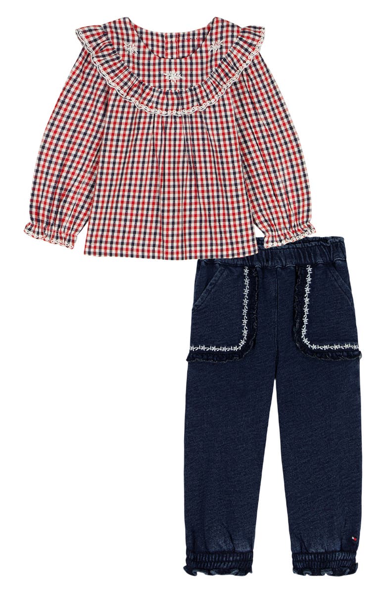 Tommy Hilfiger Kids' Ruffled Plaid Top & Floral Embroidered Jogger Pants Set, Main, color, Red