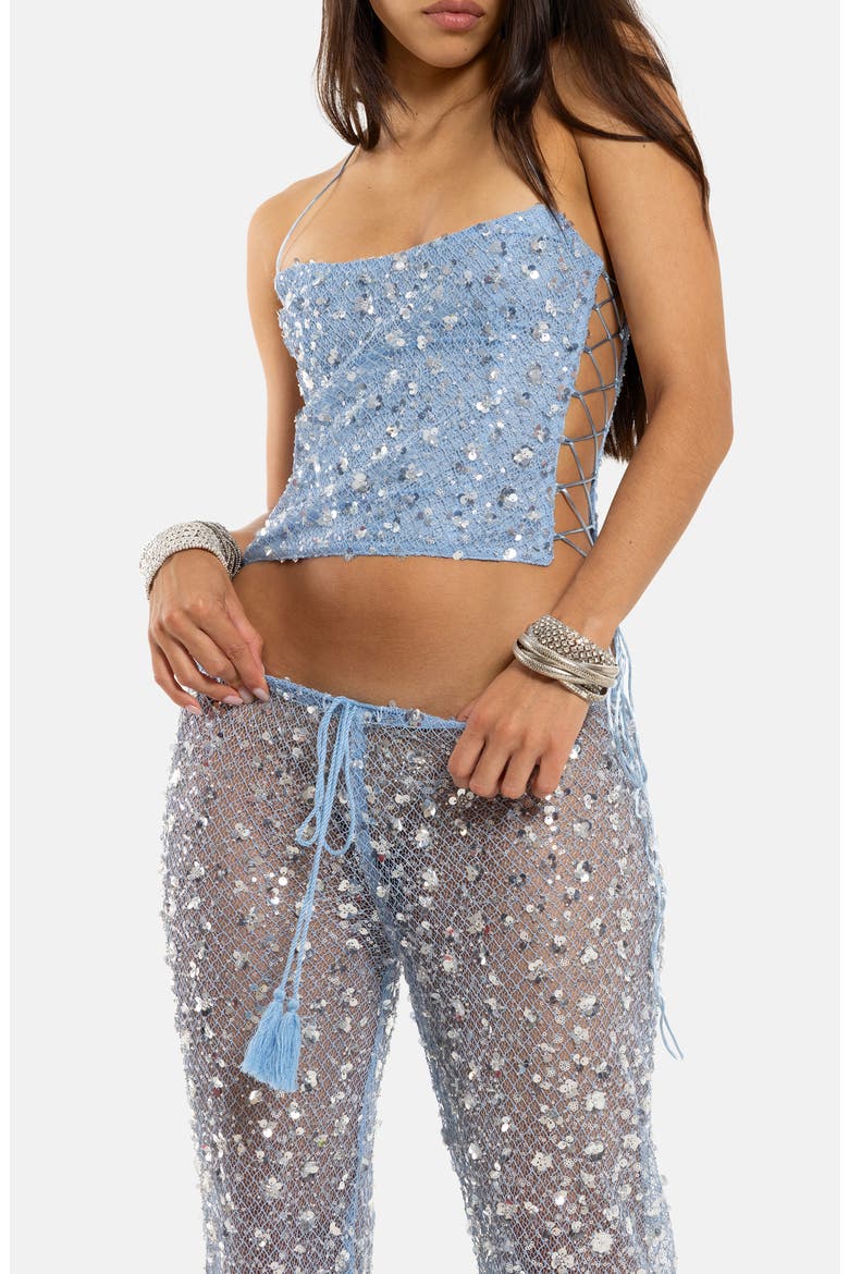 Sequin Embellished Sheer Lace Pants, Alternate, color, TURQUOISE