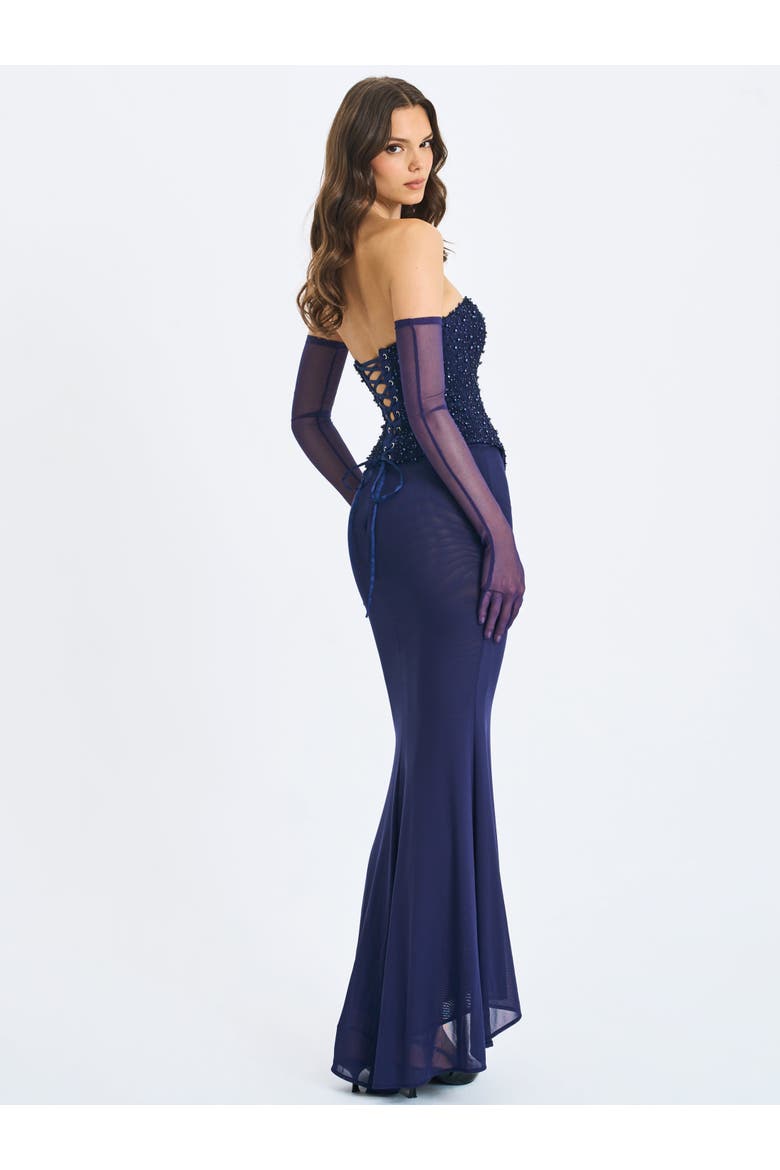 Orabelle Beaded Peplum Mermaid Gown with Lace-up Back, Alternate, color, Navy Blue