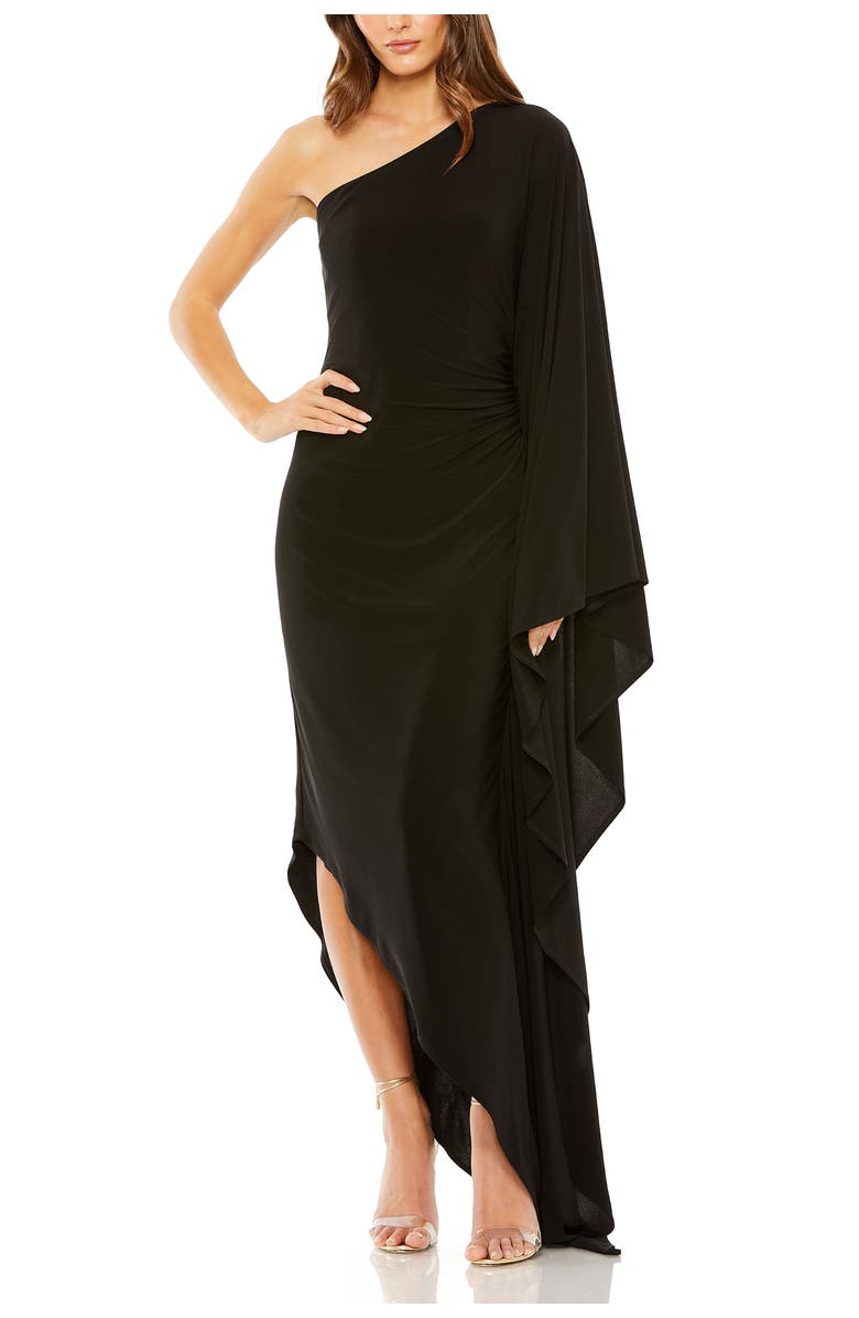 Mac Duggal One Shoulder Cape Sleeve Ruched Detail Jersey Gown, Main, color, 