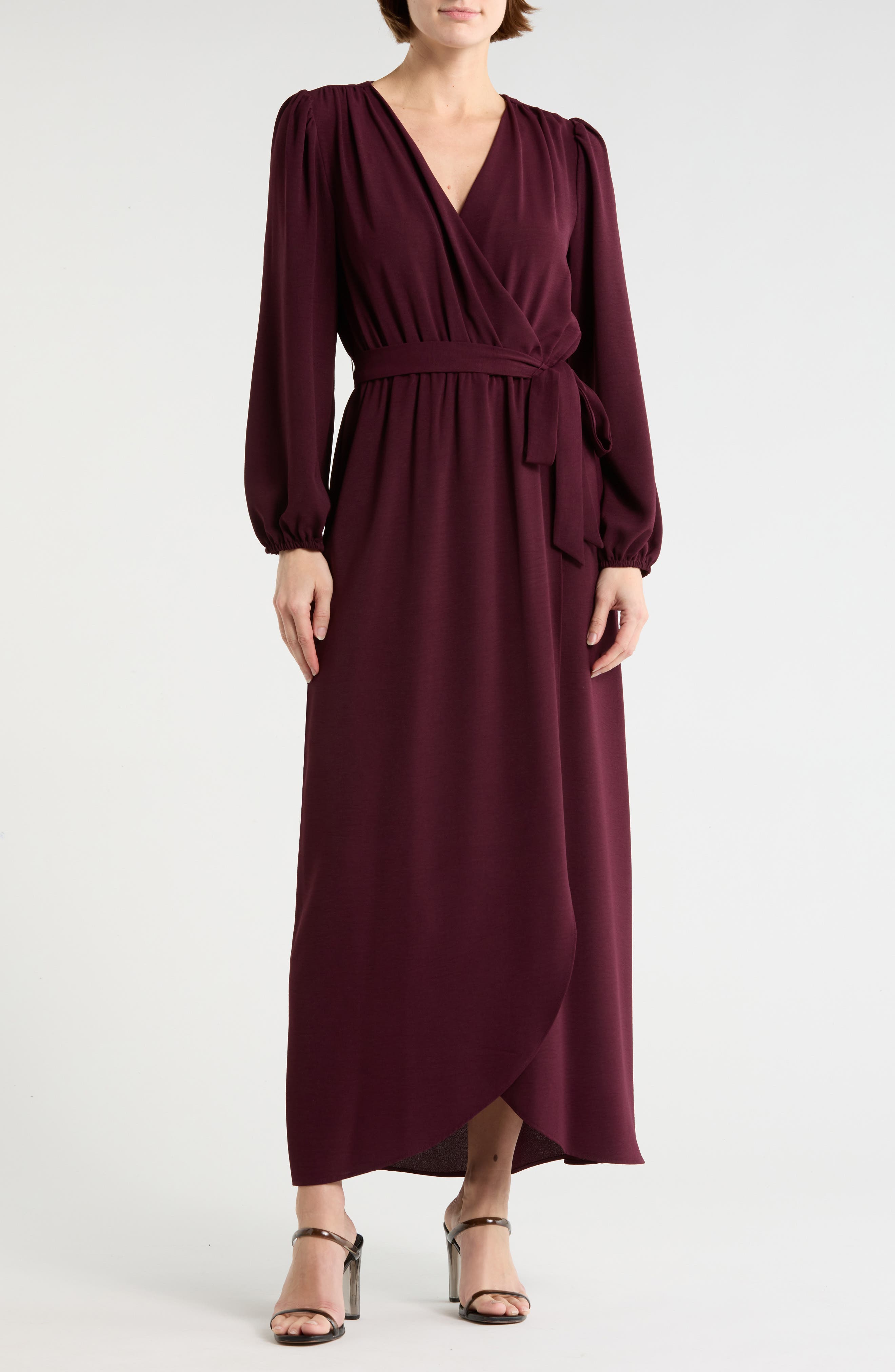 Connected Apparel Faux Wrap Long Sleeve Maxi Dress