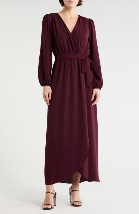 Faux Wrap Long Sleeve Maxi Dress