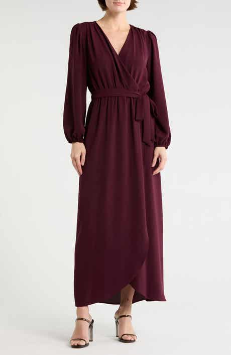 Connected Apparel Faux Wrap Long Sleeve Maxi Dress