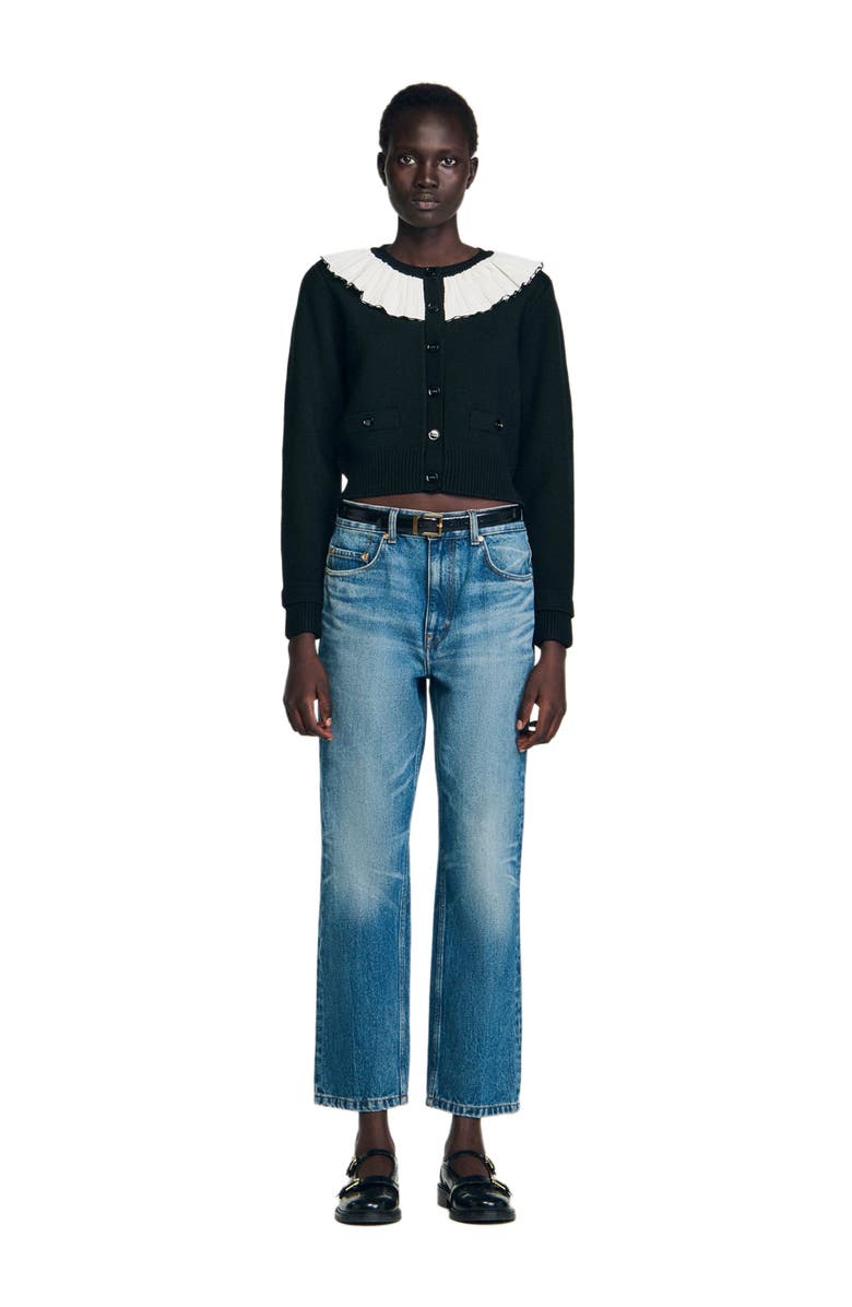 SANDRO Cardigan with contrast collar, Alternate, color, Black