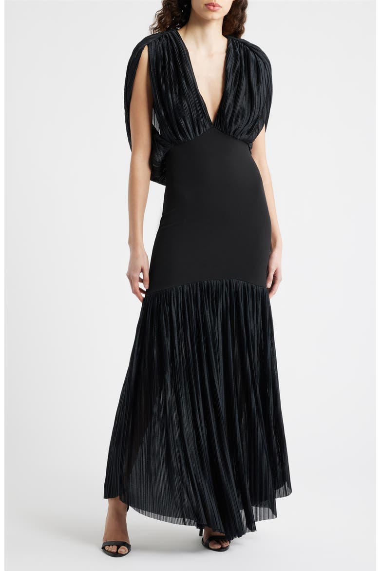 Savoy Plunge Neck Drape Back Gown, Main, color, BLACK