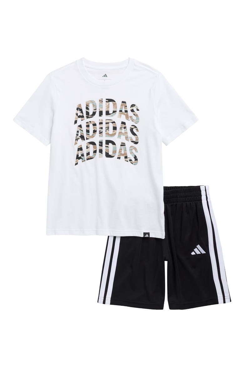 Kids' 3-Stripes T-Shirt & Shorts Set, Main, color, WHITE W/ BLACK
