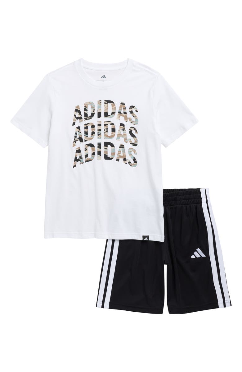 adidas Kids' 3-Stripes T-Shirt & Shorts Set, Main, color, White W/ Black