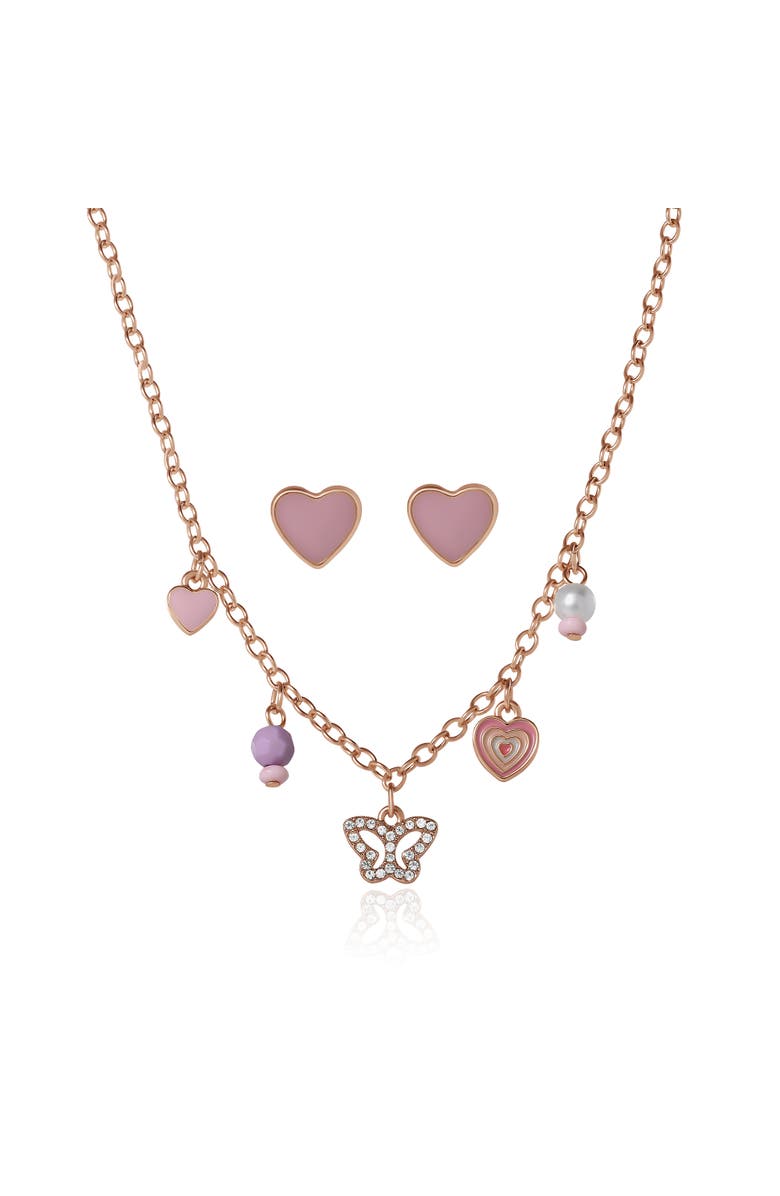 Jessica Simpson Kids Kids Heart Charm Necklace and Earrings Set, Main, color, Gold, Pink