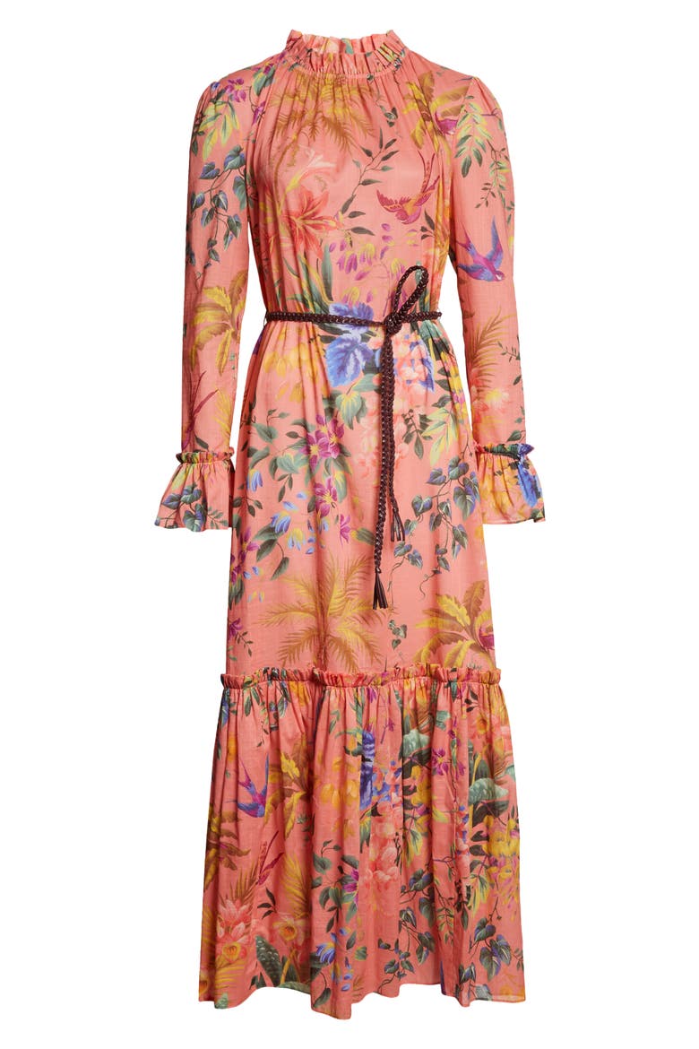 Tropicana Floral Print Frill Long Sleeve Cotton Voile Dress, Alternate, color, CORAL FLORAL