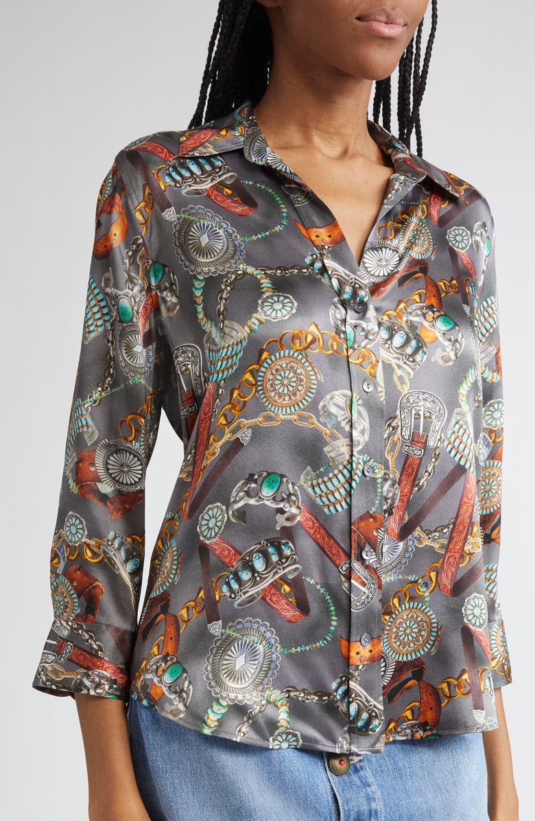 L'AGENCE Dani Three-Quarter Sleeve Silk Button-Up Shirt, Alternate, color, Multi Western Belt Print