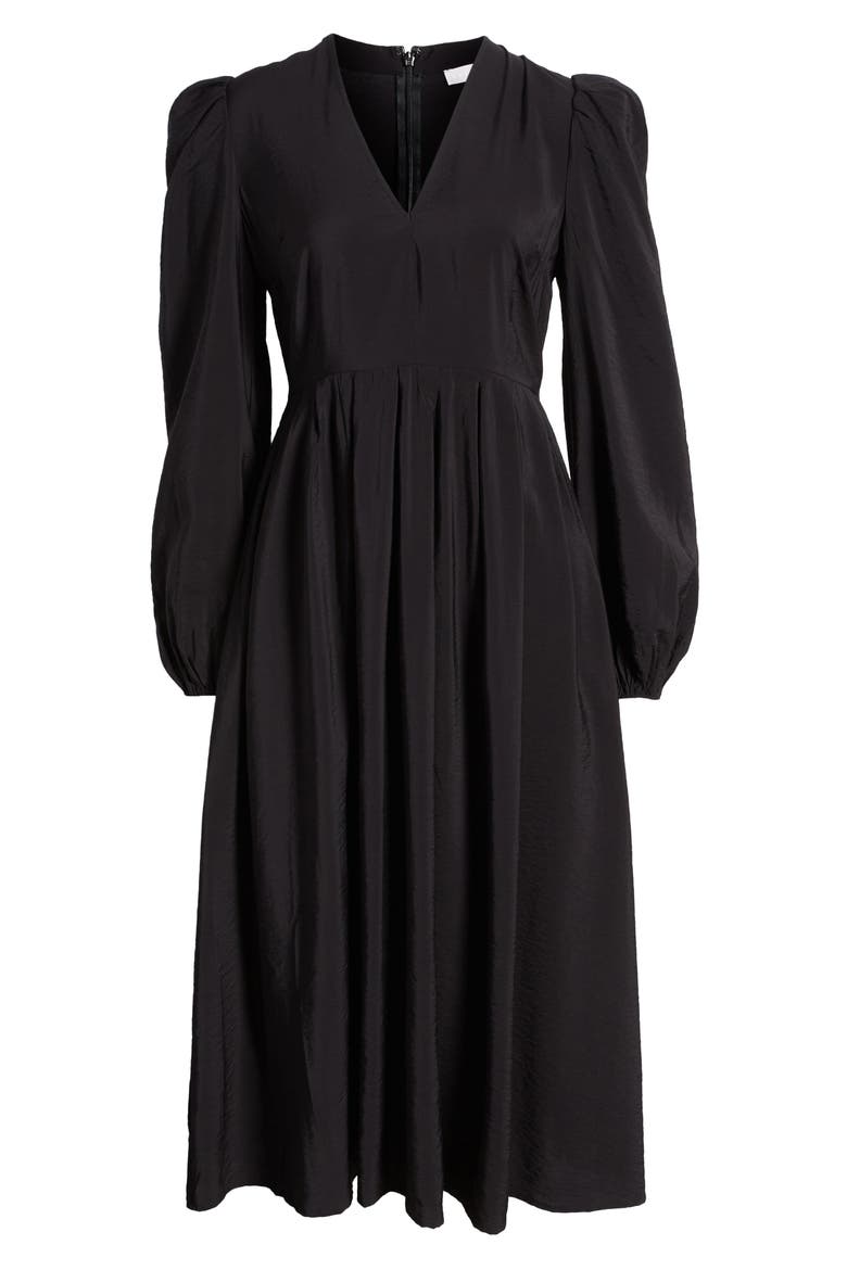Pleated Puff Shoulder Long Sleeve Midi Dress, Alternate, color, BLACK