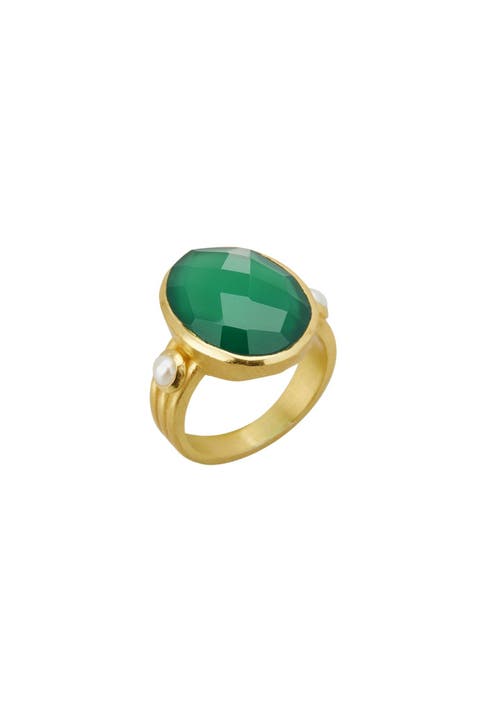 Green Onyx & Pearl Ring 7
