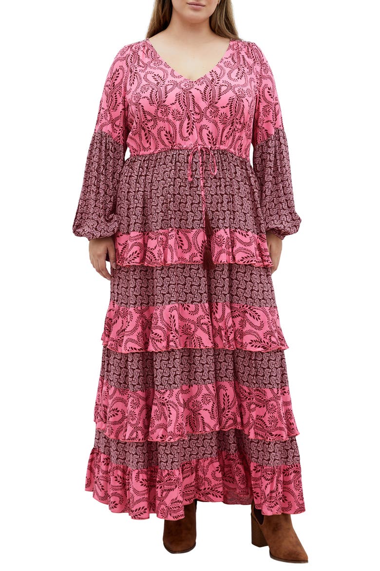 Clementine Long Sleeve Tiered Maxi Dress, Main, color, PINK PRINT