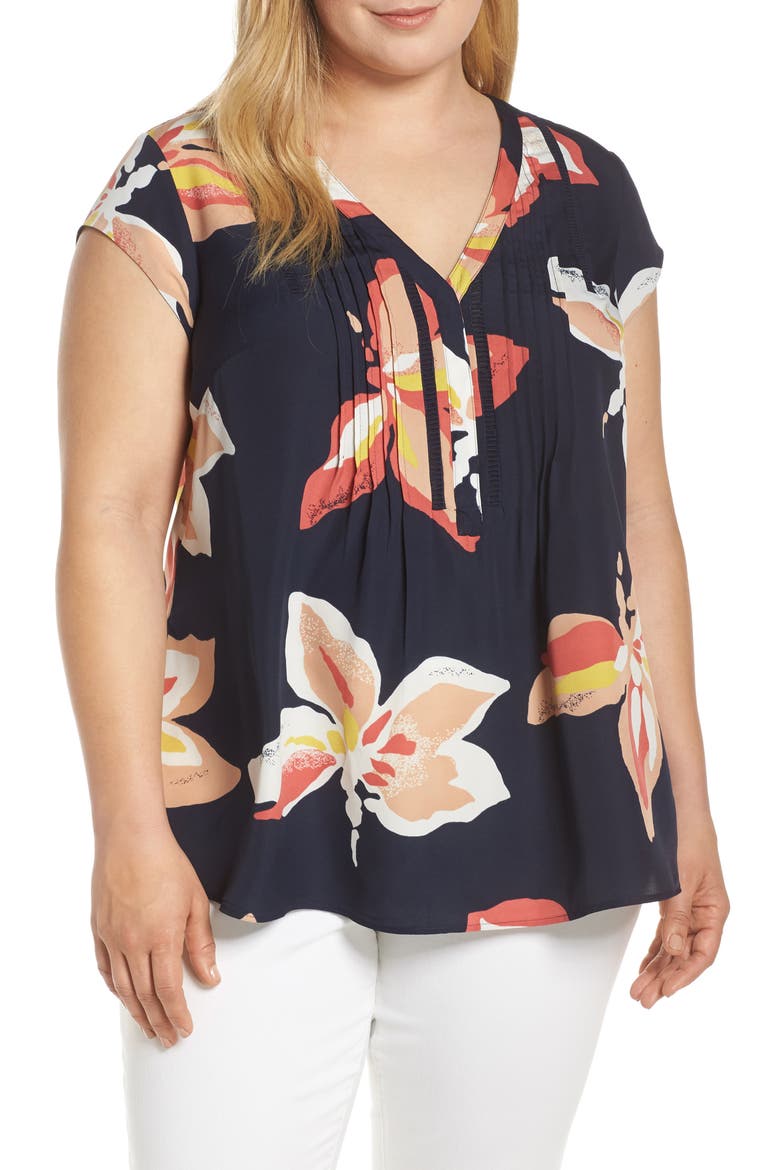 Daniel Rainn Floral Print Pintuck Top, Main, color, F369 INDIGO