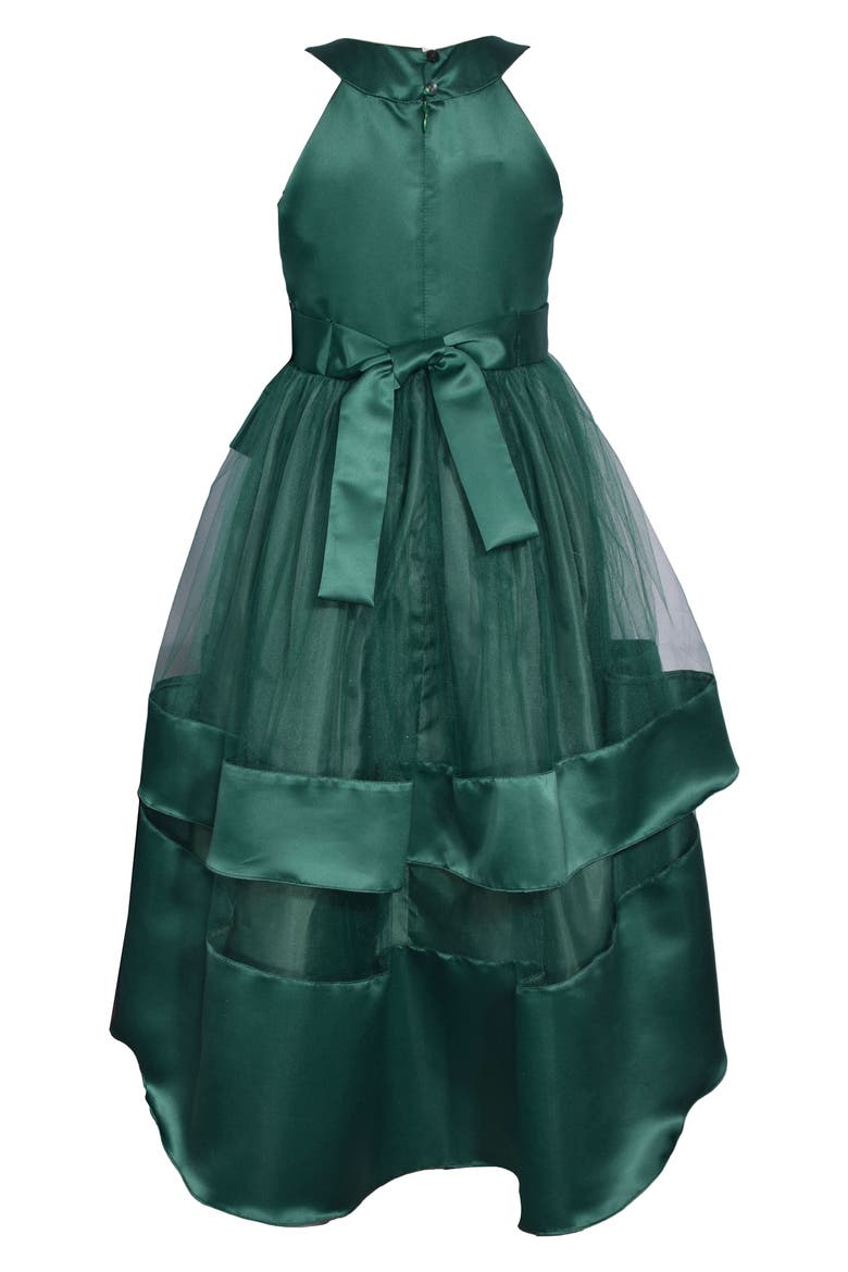 Kids' Rhinestone Trim Satin & Mesh High-Low Party Dress, Alternate, color, GREEN