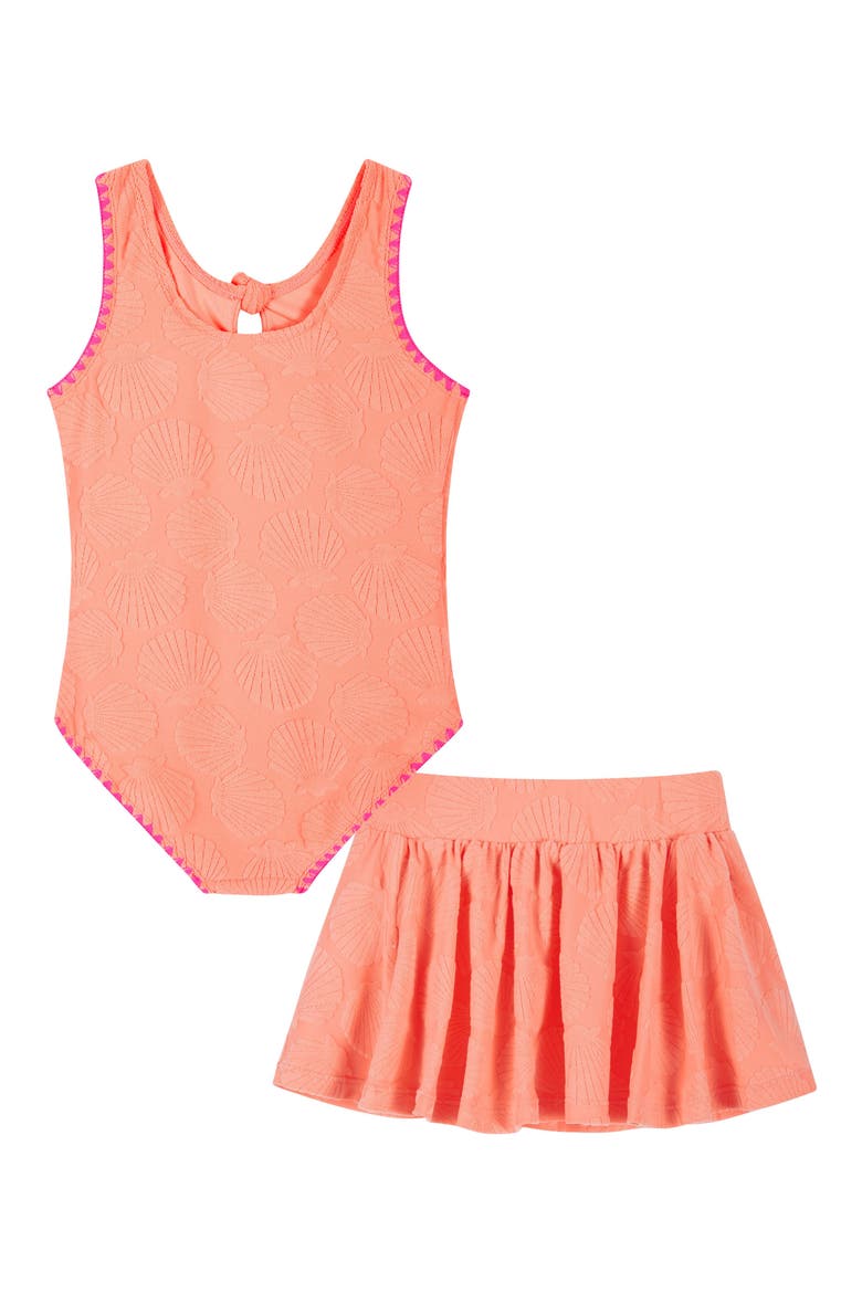 Kids' Terry Jacquard One-Piece Swimsuit & Skirt Set, Alternate, color, ORANGE NEON