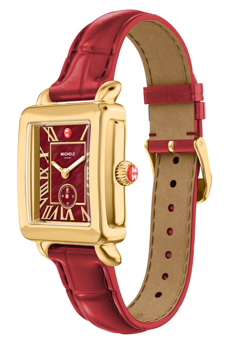 Deco Sport Mid Leather Strap Watch, 29mm x 31mm, Alternate, color, RED