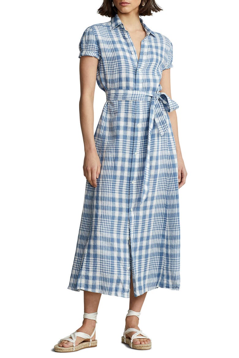 Plaid Short Sleeve Linen Midi Dress, Main, color, LIGHT BLUE/ WHITE PLAID