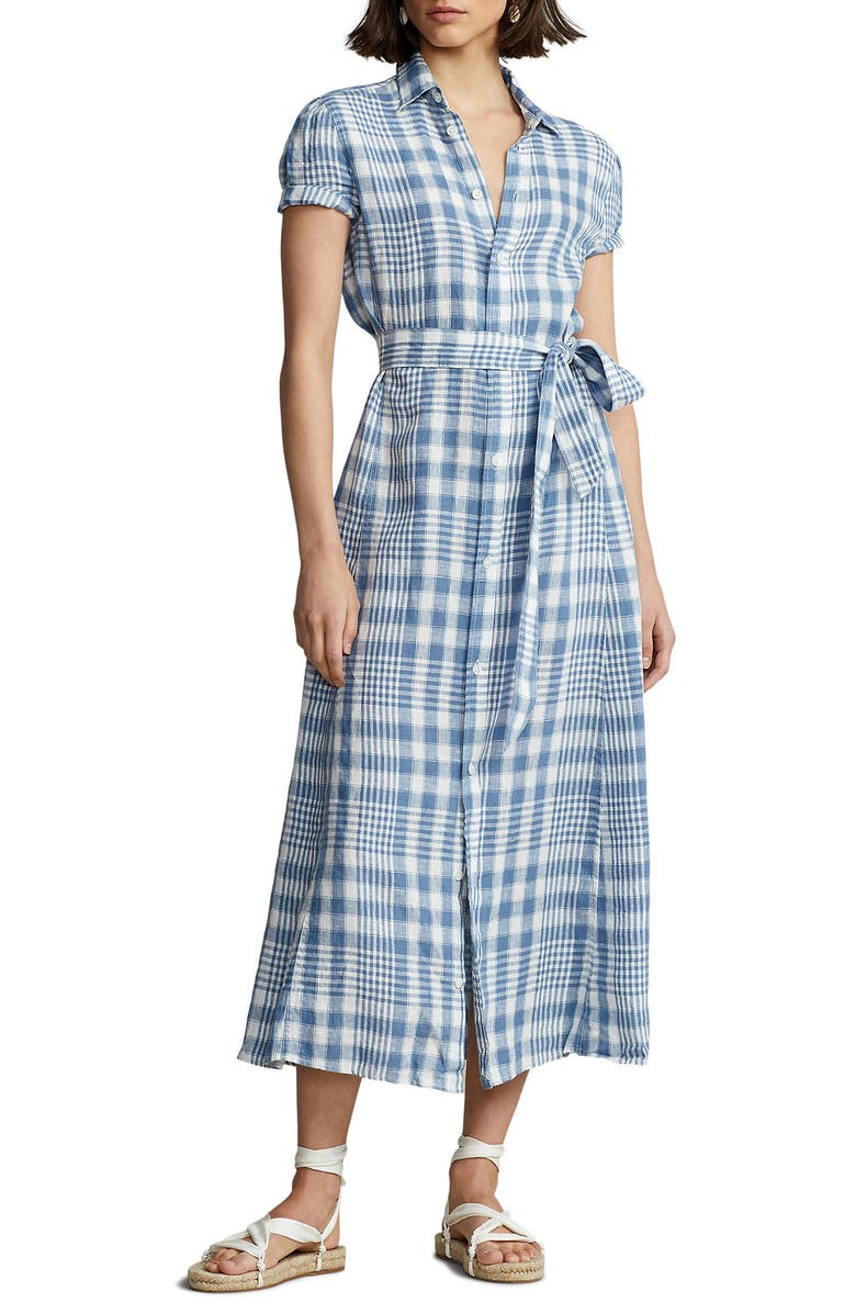 Polo Ralph Lauren Plaid Short Sleeve Linen Midi Dress, Main, color,