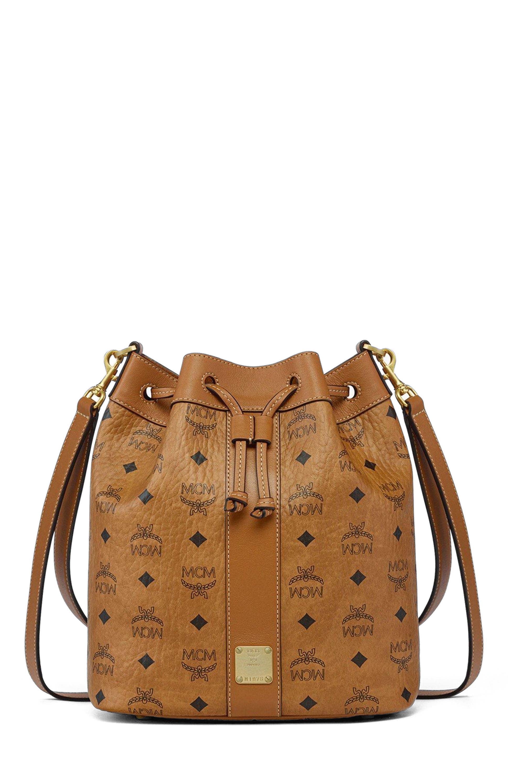 MCM Dessau Drawstring Bag in Visetos, Main, color, Cognac