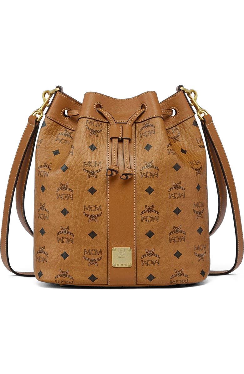 MCM Dessau Drawstring Bag in Visetos, Main, color, Cognac