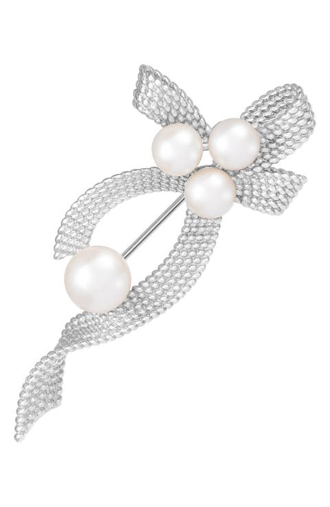 Rhodium Plated Sterling Silver 8-8.5mm Cultured Freshwater Pearl Brooch
