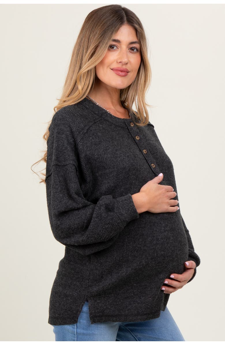 PinkBlush Oversized Ribbed Knit Henley Sweater, Alternate, color, Charcoal Grey