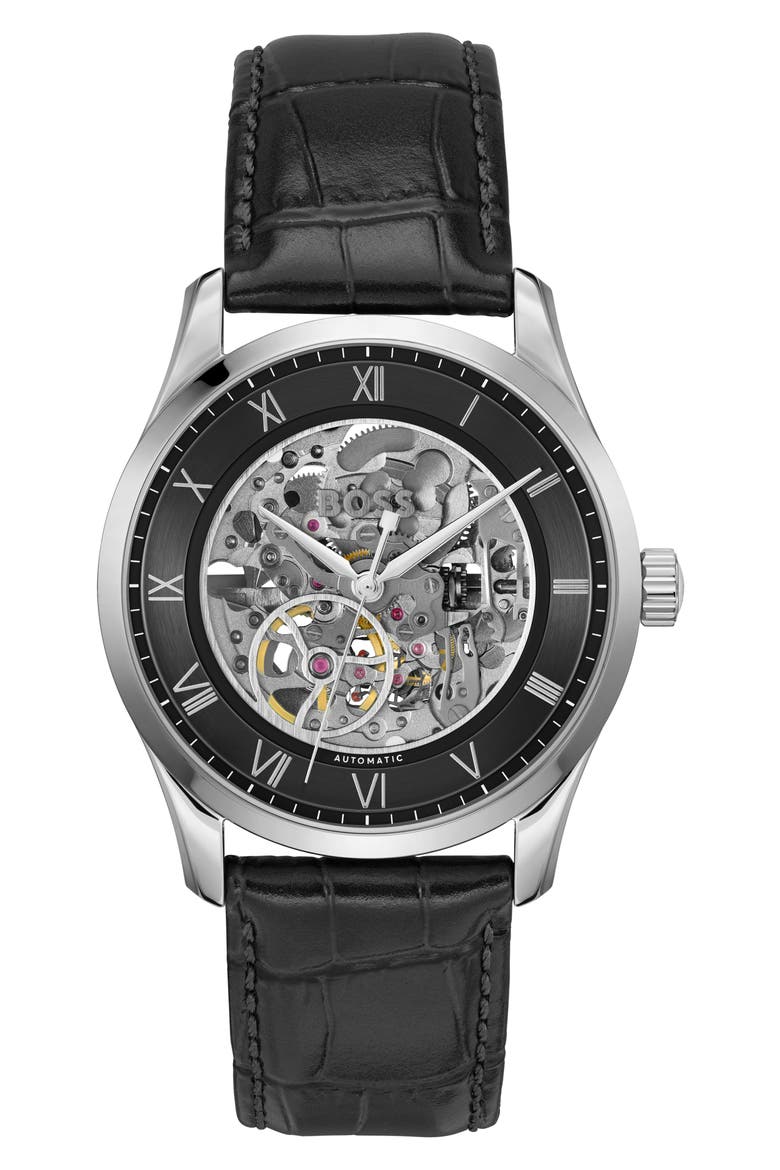 Principle Skeleton Automatic Leather Strap Watch, 41mm, Main, color, BLACK