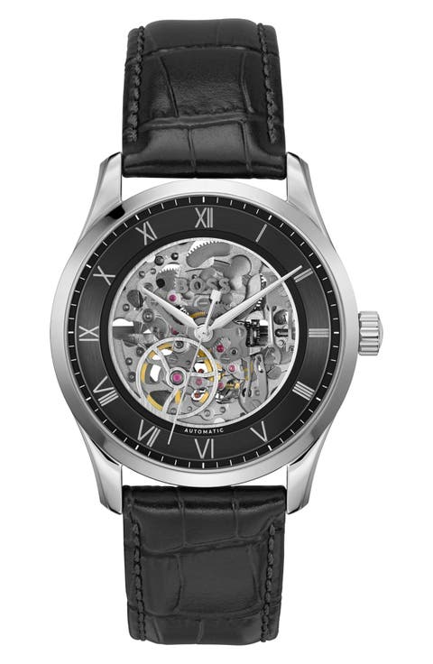 Principle Skeleton Automatic Leather Strap Watch, 41mm