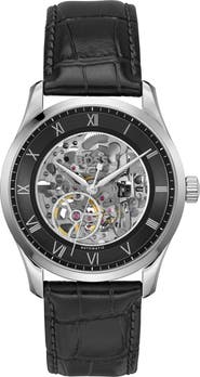 BOSS Principle Skeleton Automatic Leather Strap Watch, 41mm