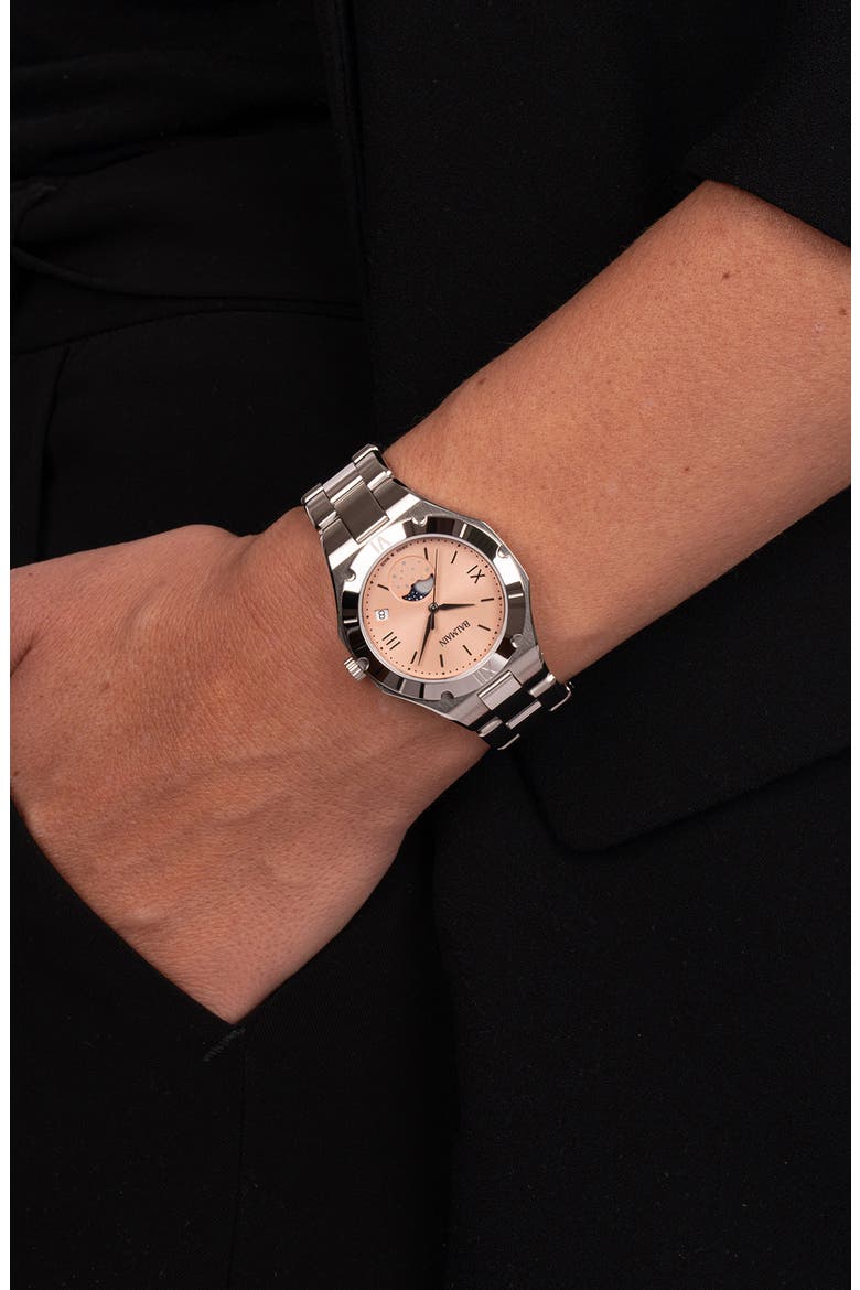 Be Balmain Moonphase Bracelet Watch, 33mm, Alternate, color, PINK STAINLESS STEEL